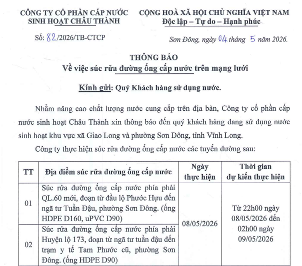 Thông báo vv súc rửa đường ống cấp nước trên mạng lưới (Tháng 5.2026) 
